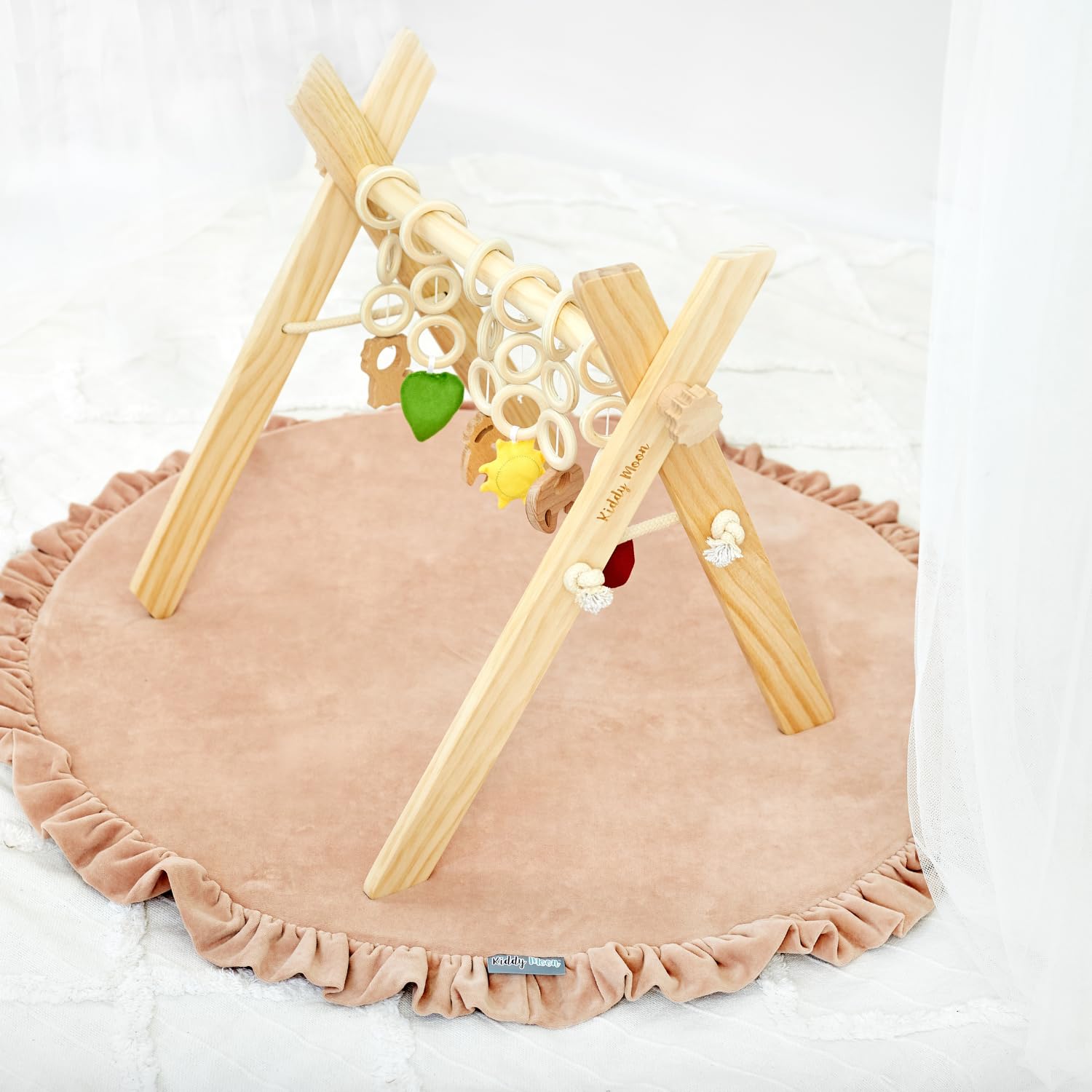 KiddyMoon Gimnasio De Madera Para Niños Y Bebés Con Juguetes Colgantes Juego De Actividades Juguete Montessori Para Niños Pequeños Gimnasio De Ejercicios Para Bebés, Natural