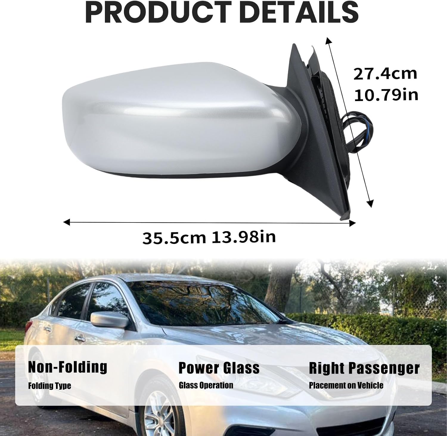 Right Passenger Silver Side Mirror Compatible with Altima 2013-2018 Sedan Power Glass/Non-Folding/Non-Heated Door Mirrors Outside Rear View Mirror Replace# 963013TH0A