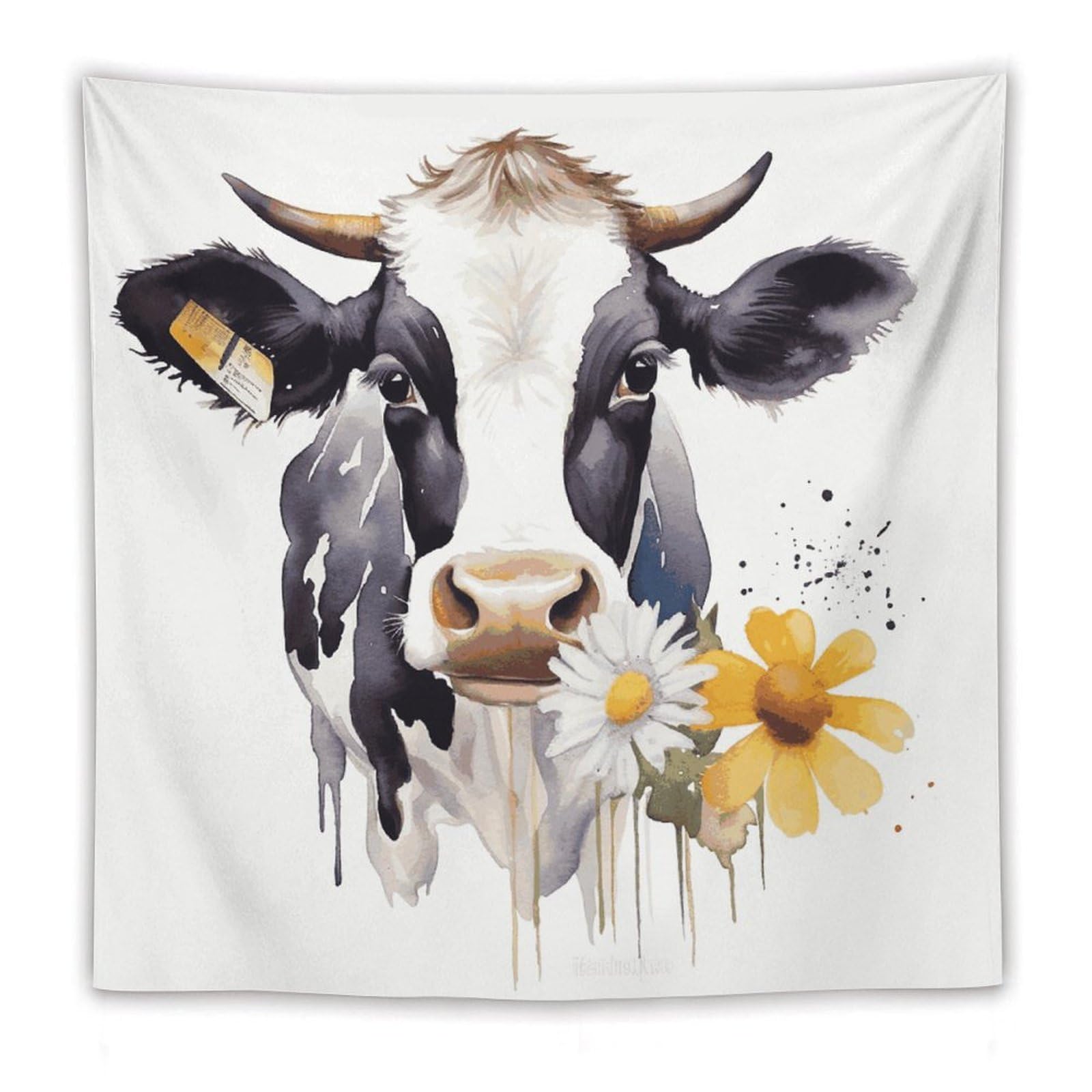 LDGSUPH Watercolor Cow And Daisy Flower Tapestry Wall Hanging Decor Anti-fading Aesthetic Wall Tapestries Fashion Wall Blanket Decor Modern Wall Art Tapestry for Bedroom Home Decor 60"x60"