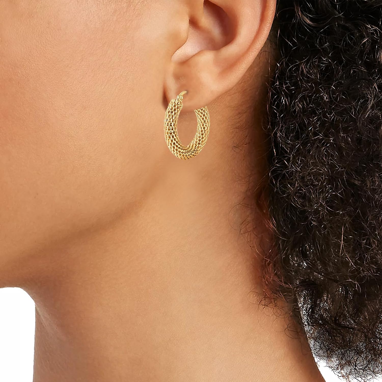 14K Gold Plated Link Filigree Hoop Earrings Titanium Hypoallergenic Chunky Gold Hoops - Image 4