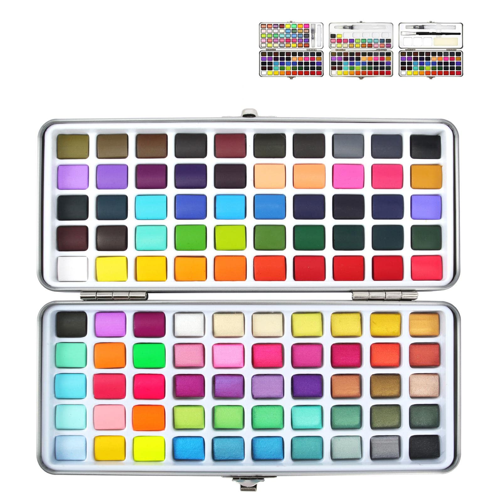 Wasserfarben Set mit Vielseitigen 100 Farben Aquarellfarben Set mit Gouachepalette Und Pinselset in Metallbox Und Langlebig für Bastelarbeiten, 50 Farbdosen-Set