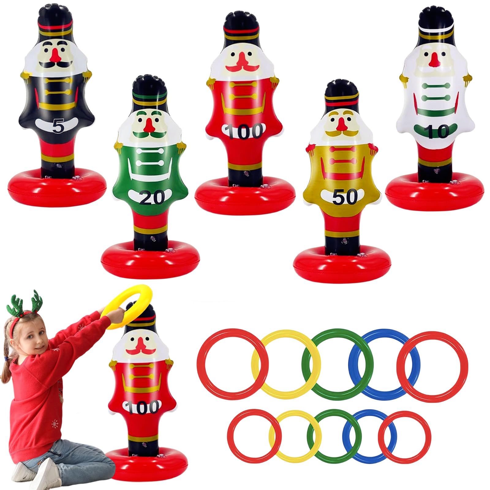 15pcs Christmas Party Ring Toss Game Inflatable Nutcracker Rings Toss Toys,Xmas Party Toss Games Target Toy Christmas Games for Kids,Adults,Indoor Outdoor Family Xmas Fun Games Parties Favors