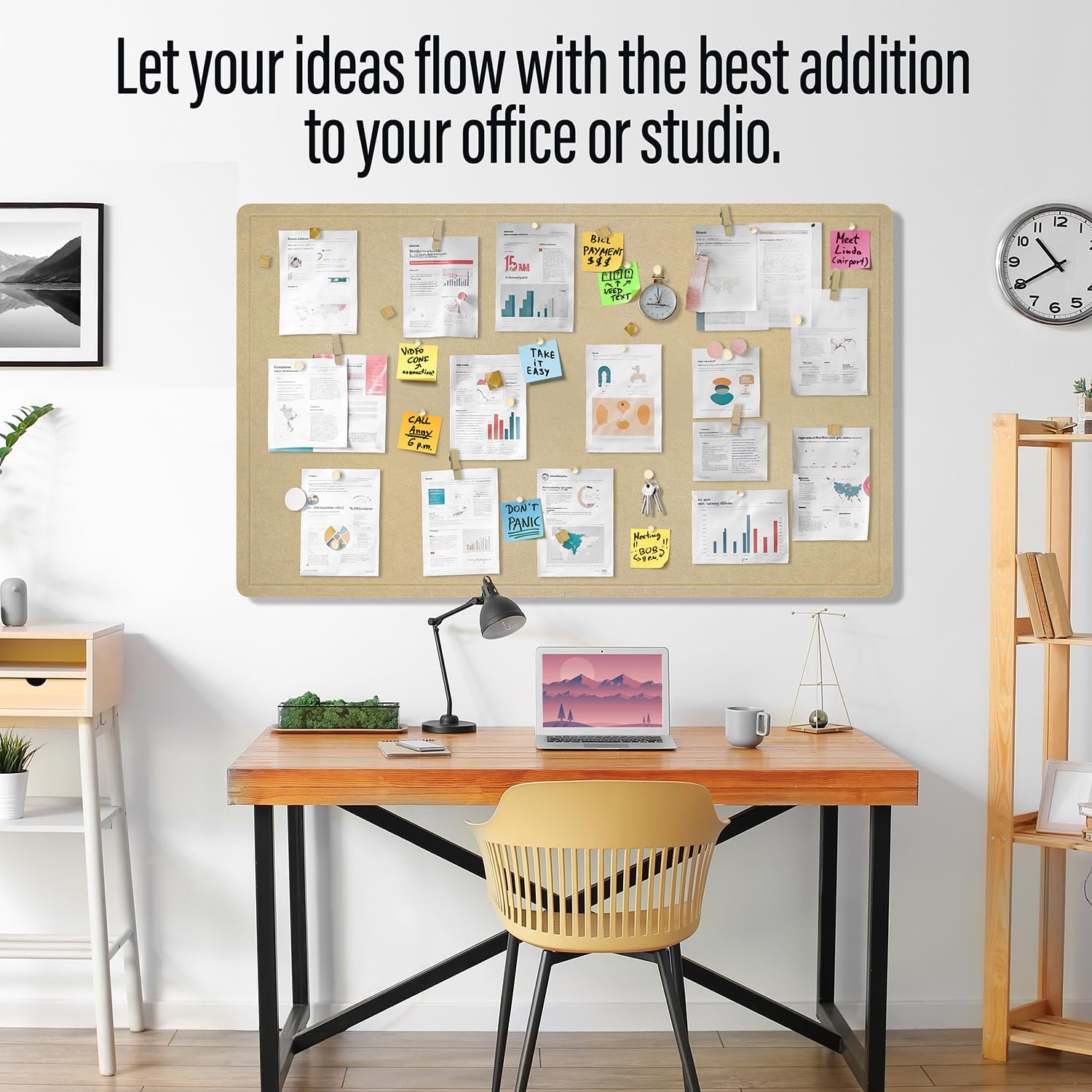 Large Bulletin Board 60 x 36 Inches - Foldable Felt Bulletin Board for Wall, Cork Board Alternative with 114 Wood Pins & 12 Note Pads, Vision Board - Khaki
