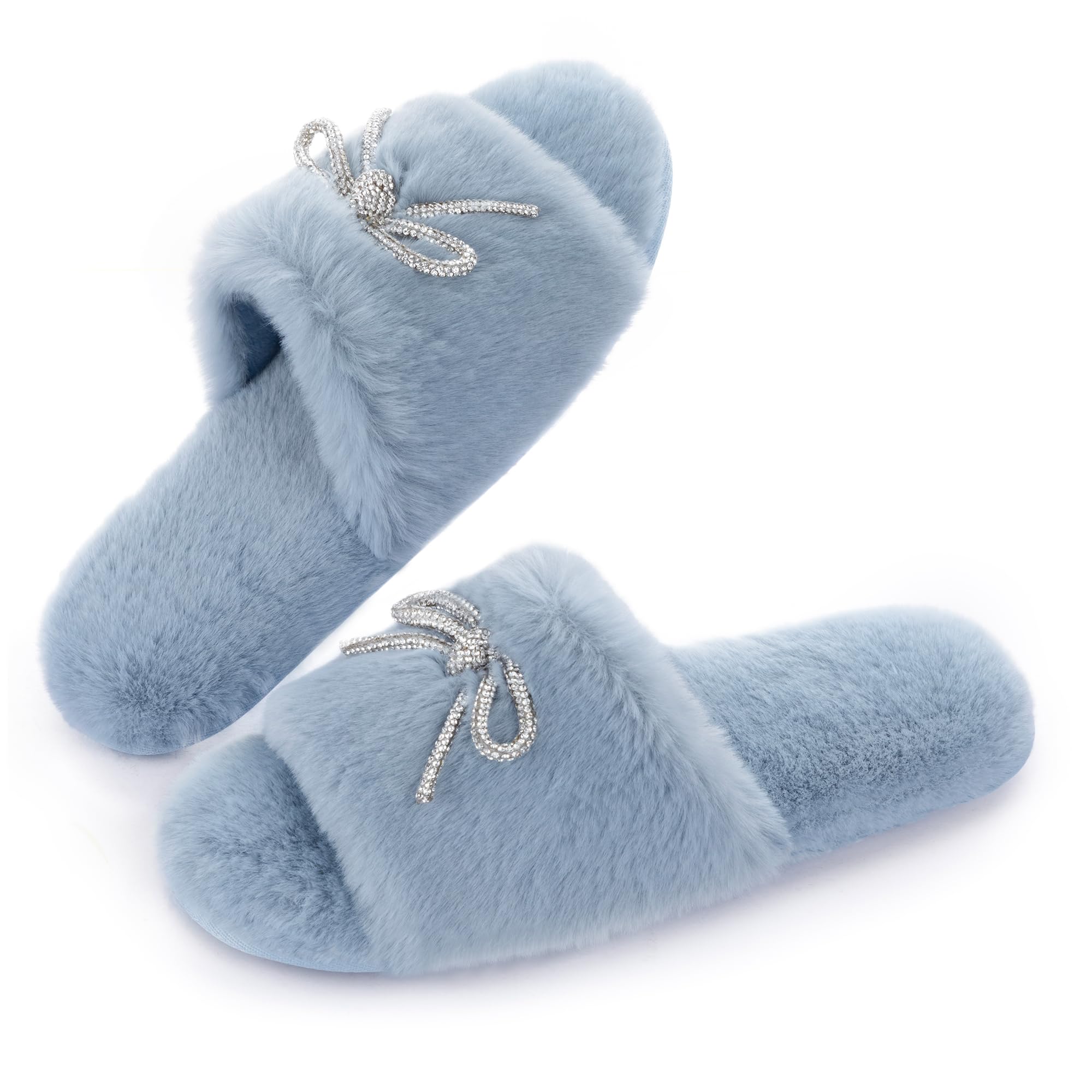 ULTRAIDEAS Women's Fuzzy House Slippers Fancy Open Toe Slides Slippers with Rhinestone Bowknot and Non Slip Sole