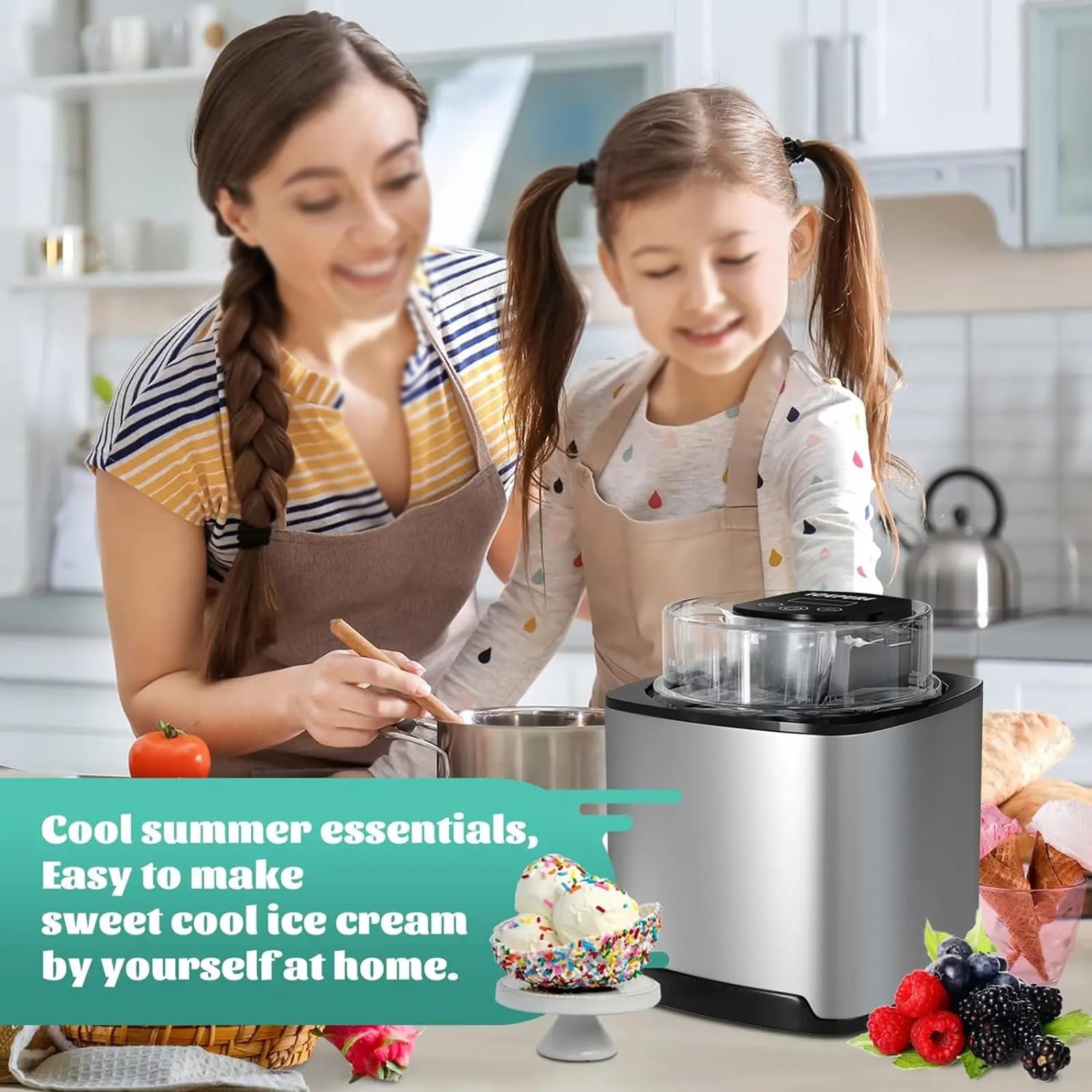 Heladera Máquina for Hacer Helados de Servicio Suave, encimera de 2,1 Cuartos, tazón congelador de Gran Capacidad, Yogur y Helado casero Hacer Helado