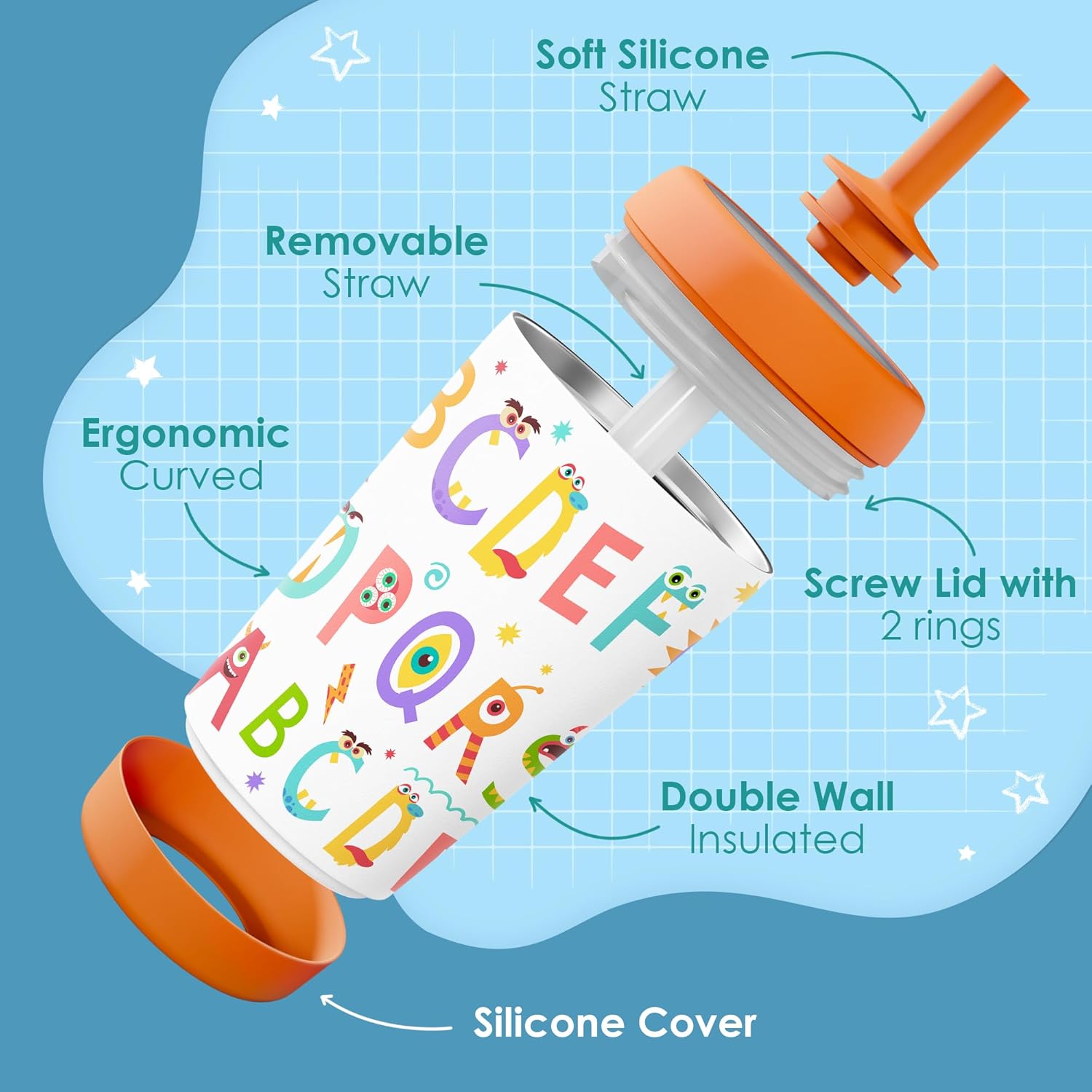 Kid Insulated Stainless Steel Tumbler with Silicone Straw, 12oz Sippy Cup for Kids (Alphabet) - Image 3