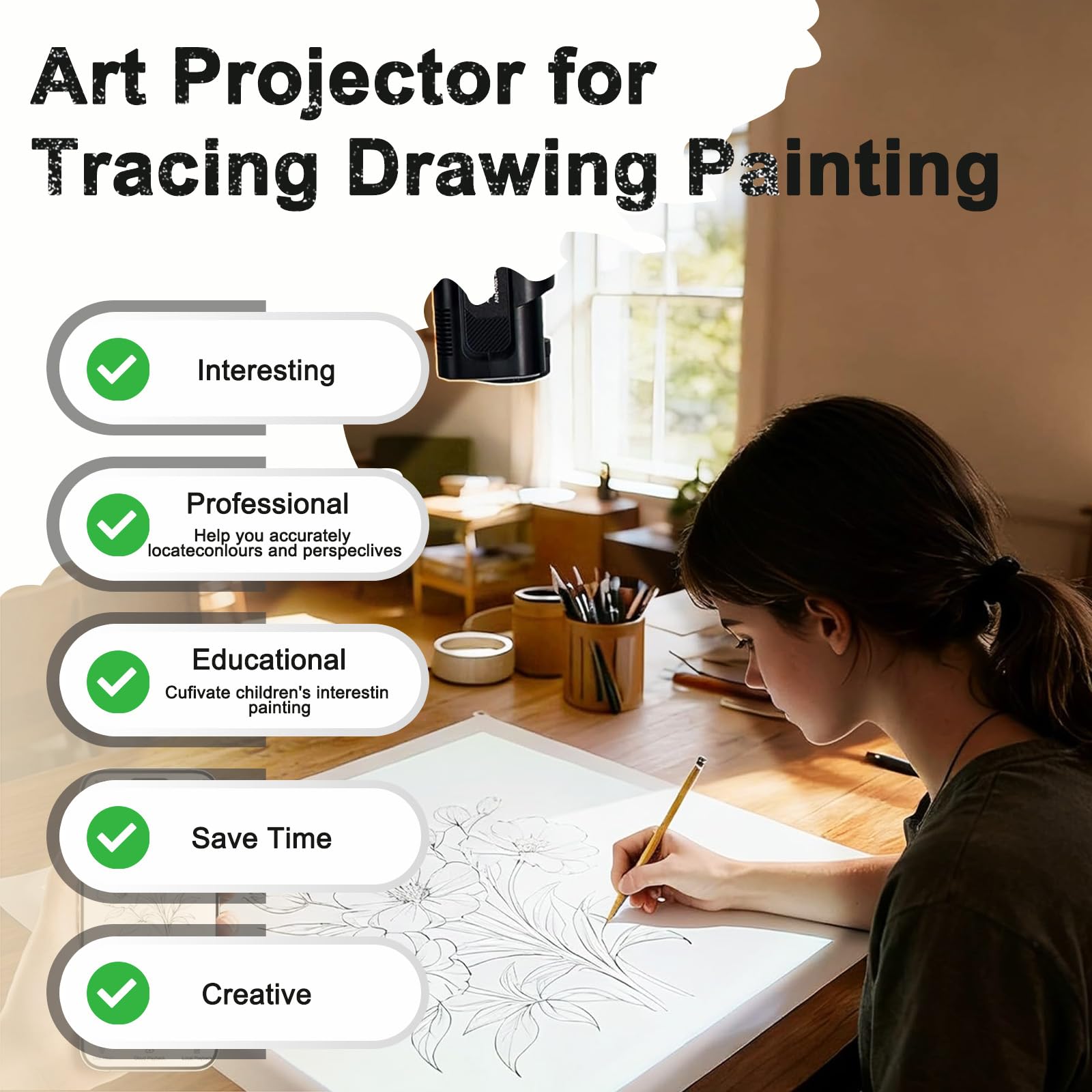 Generico Proiettore Artistico, Full HD 1080p, Mirroring Wireless E Connessione USB, Supporto Girevole A 360°, per La Proiezione di Disegni E Schizzi (Blue)