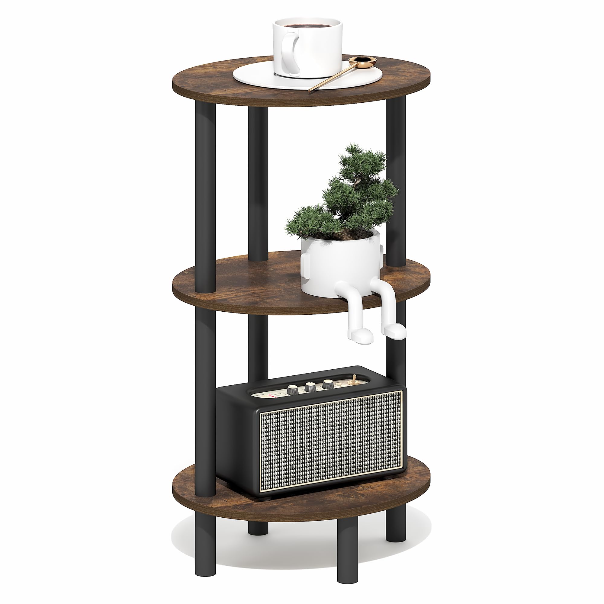 Furinno TURN-N-TUBE Side Table, 3-Tier Oval End Table, Night Stand, Bedside Table, for Living Room, Bedroom, Amber Pine/Black