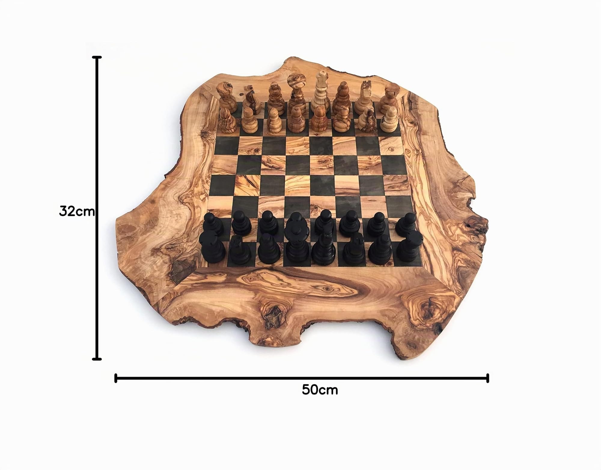 Generisch Jeu d'échecs rustique, échiquier taille XL incluant les pièces, en bois d'olivier, fait main - 2 joueurs, âge 12+