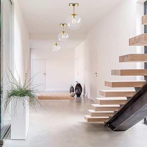 Miniatura 8 de Lámpara de techo semiempotrada dorada con acabado de latón con pantalla de vidrio transparente, iluminación de estilo moderno contemporáneo de