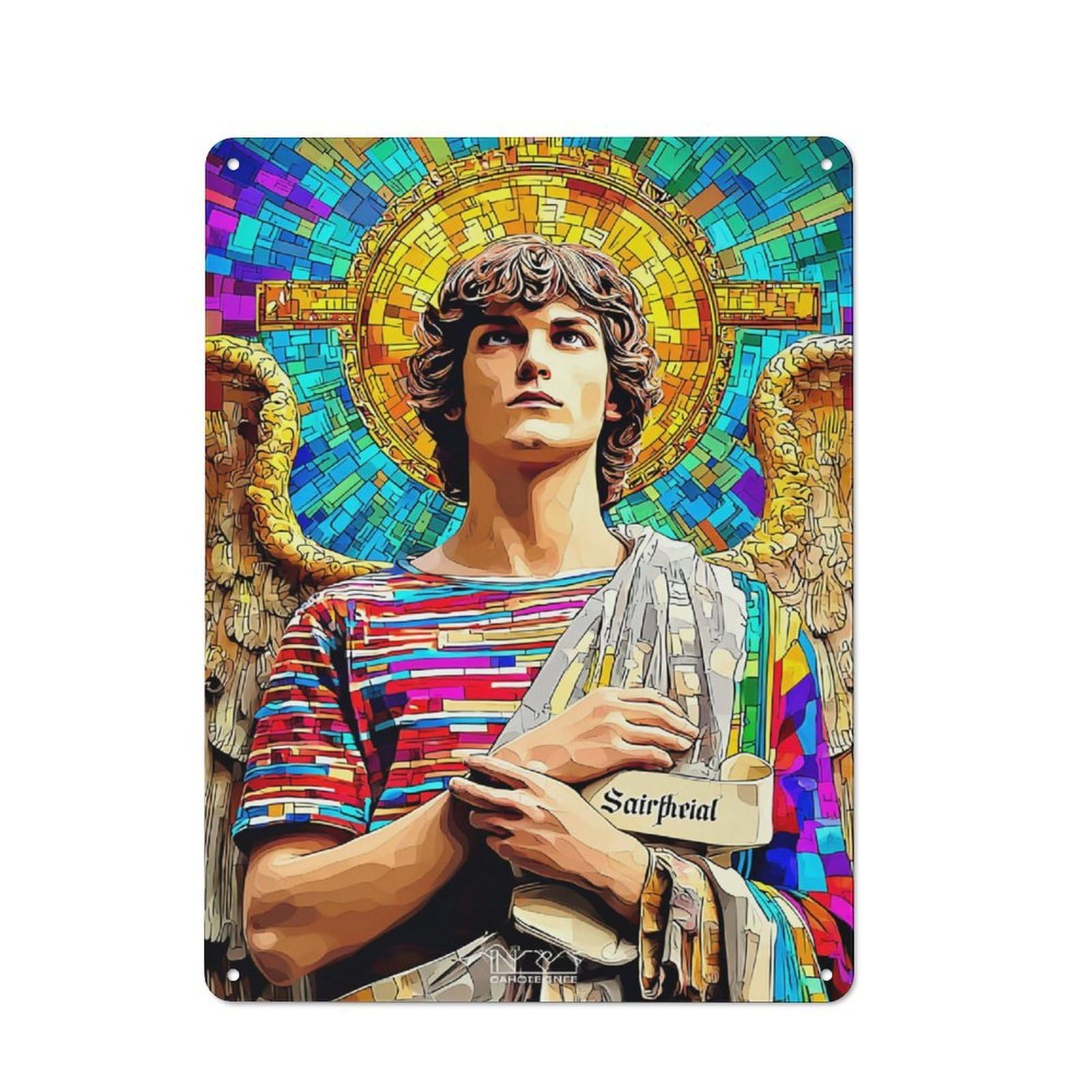 Junmoney Saintly Vibrancy A Colorful Guardian Angel Tin Wall Plaque 40X30cm With For Home Office Or Studio, For Home Office Decor Fans