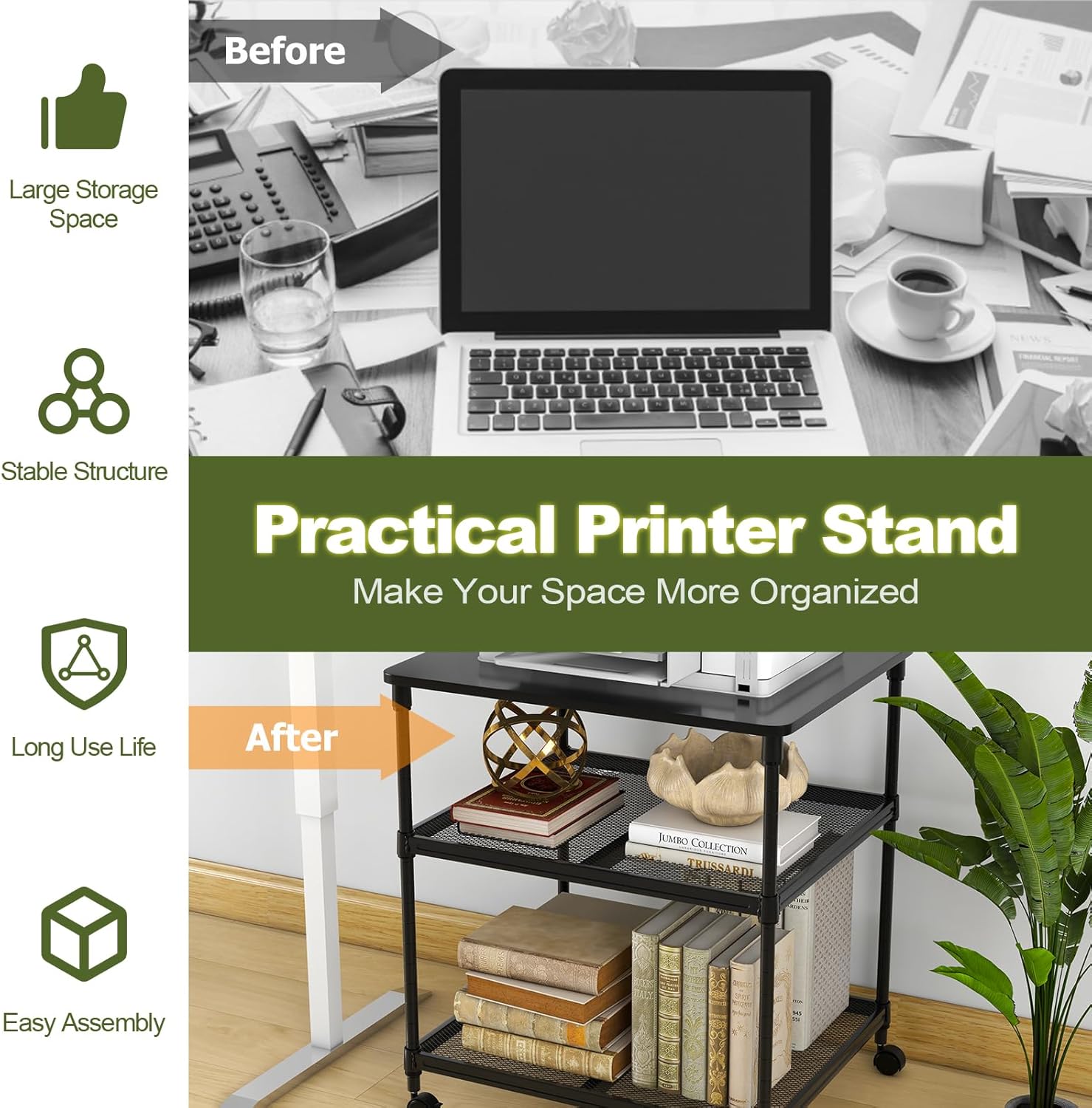 Giantex Printer Stand, 3-Tier Industrial Printer Cart with Lockable Wheels, Adjustable Shelves, Metal Frame, Mobile Under Desk Shelf for Home Office, Printer Table Fit Fax Machine, Scanner (Black)