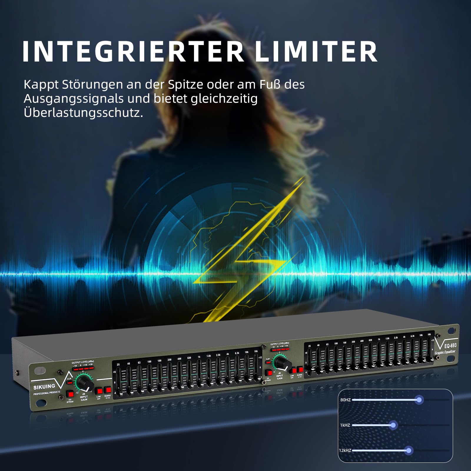 15-Band-EQ Stereo Grafik-Equalizer,2-Kanal Profi-DJ-Equalizer mit Rauschunterdrückung für Heimkino,Party,Bühne & Studio (Rackmount-fähig) EQ-693