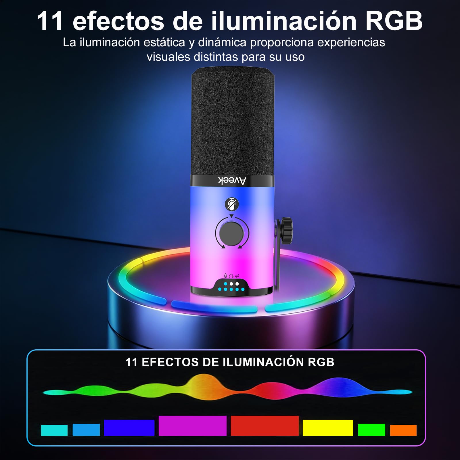 Aveek Micrófono Dinámico USB/XLR con Brazo para Gaming & Streaming | Iluminación RGB, Cancelación de Ruido, Silencio con Un Toque, Monitor Mix y Conector de Auriculares para PC & PS5