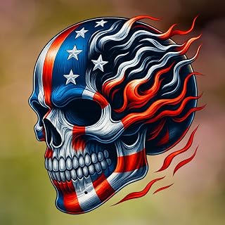 Patriotic Skull Flame Decal 7x7 inch – American Flag Skull Sticker for Car, Truck, Laptop, Fridge – USA Bald Skull Vinyl, Waterproof Removable Flame Decor for Veterans, Adults, Bikers