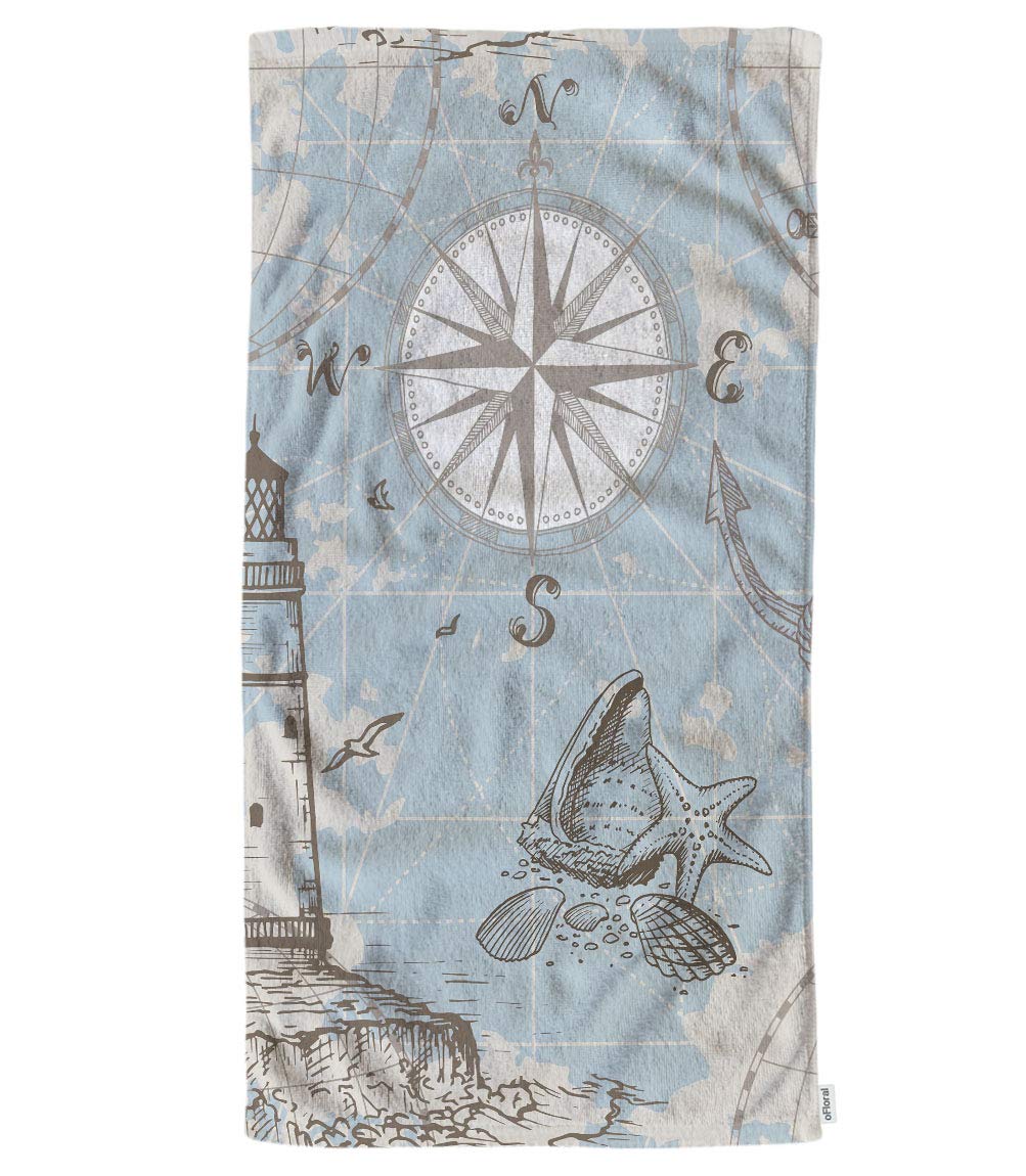 World Sea Map with Compass Hand Towels Cotton Washcloths,Lighthouse Anchor and Seashells Comfortable Super-Absorbent Soft Towels for Bathroom Beach Kitchen Spa Gym Yoga Face Towel 15X30 Inch
