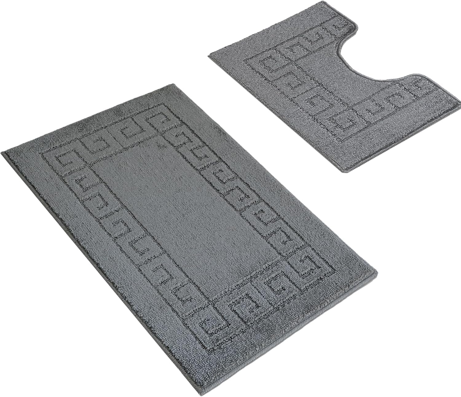 Greek Style Bath Mat Set 2-Piece | Non-Slip Bathroom Mats, Shower Mat & Pedestal Mat | Soft Washable Quick-Dry Bath Mats for Bathroom Floor | Anti-Mould Bath Rug Set (Charcoal)