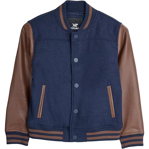 X RAY Boys Outerwear Coat with Faux Leather (S - XL), Wool Varsity Bomber Jacket for Kids W/Grainy PU Sleeves for Boys
