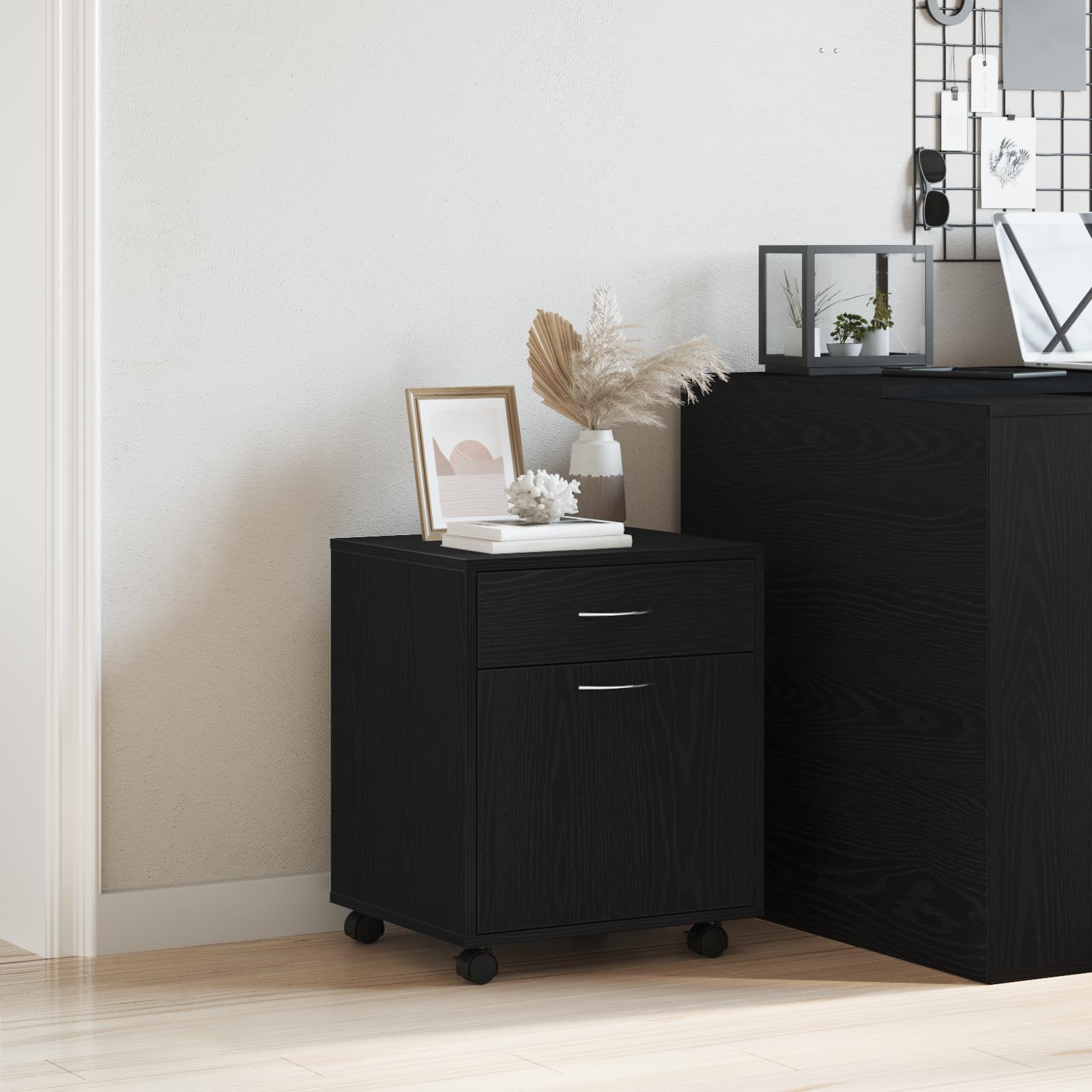 Rollschrank Schwarz Eiche 45x38x54 cm Holzwerkstoff mit Schublade und Tür für Büroorganisation und Stauraum