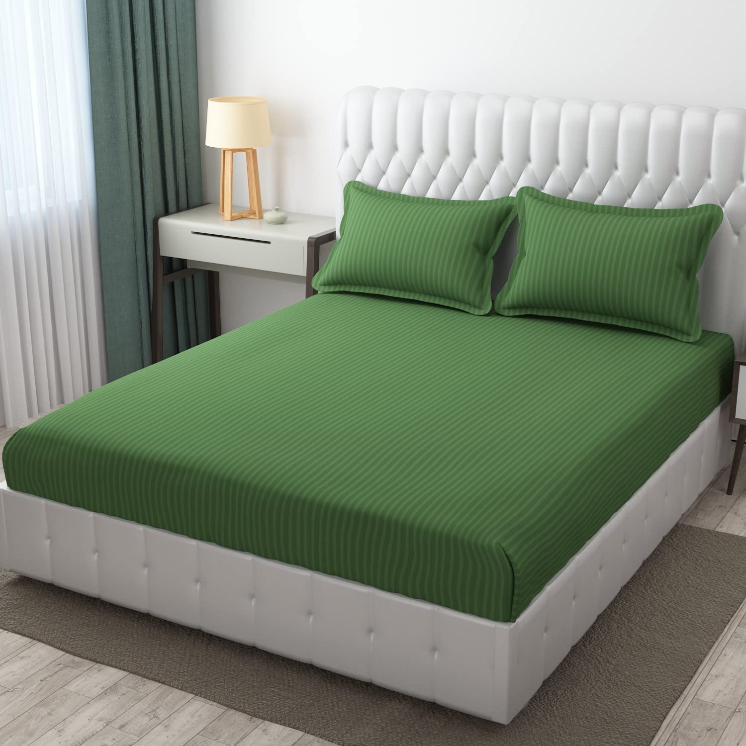 Lucacci Premium Plain Strip Single Bed Bedsheet with 1 Pillow Cover, Green