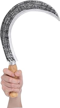 Grim Reaper Handheld Sickle Prop - Molded & Painted Wood, Metal Look.