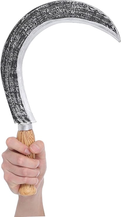 Grim Reaper Handheld Sickle Prop - Molded & Painted Wood, Metal Look.