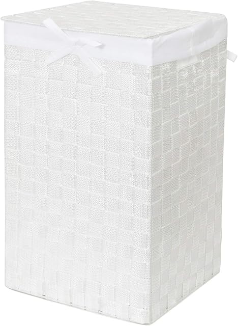 Compactor Stan Square Laundry Basket with Lid, Handles, Woven with Metal Frame, Removable Linen Lining, 30 x 30 x 50 cm, White, RAN6889