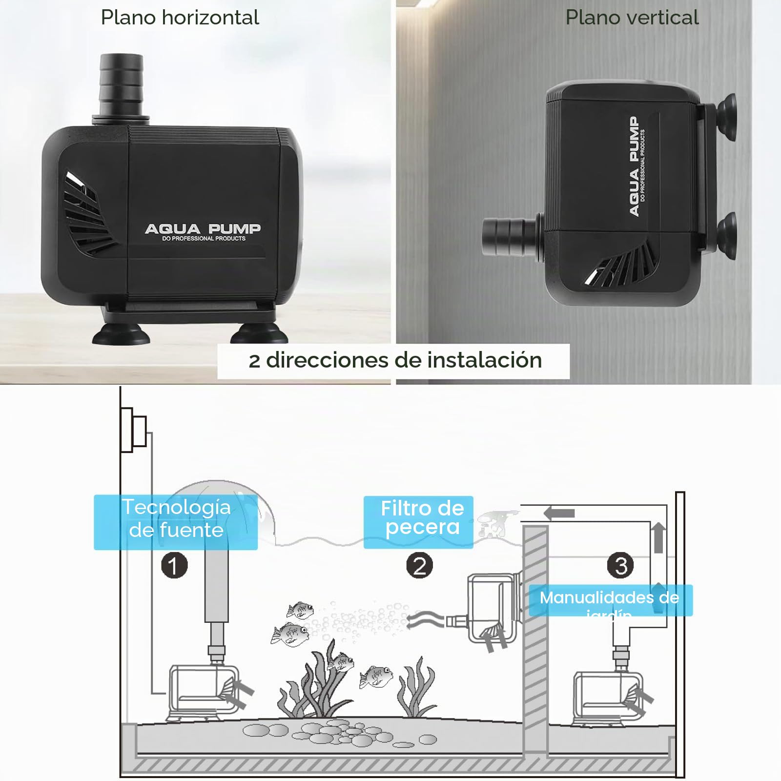 Bomba de agua para acuario, bomba sumergible de 1500 l/h, para estanque, pozo, ultra silenciosa con filtro y 2 boquillas de 13 mm/16 mm, altura máxima de extracción de 1,6 m(15 W)