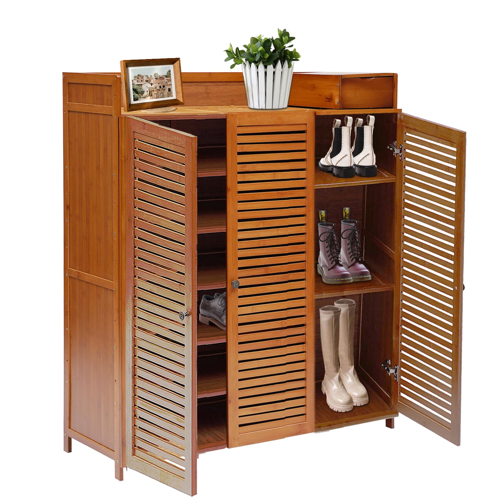 DouSeiAi 7-Tier Bamboo Shoe Storage Cabinet, 32-40 Pairs Shoe Storage with Doors, Large Shoe Storage Cabinet Shelf Stand for Entryway Hallway Living Room, Brown