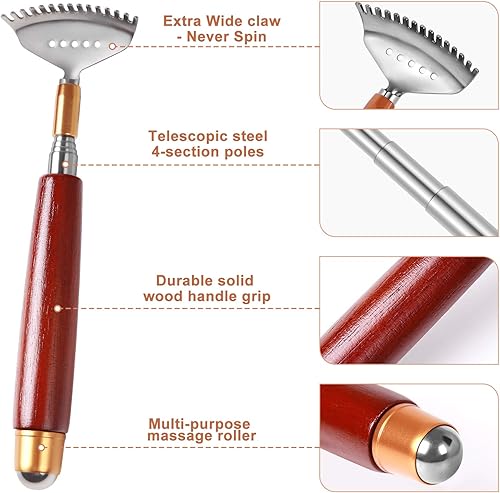 Miniatura 2 de Rascador de espalda para mujeres, hombres y adultos, extensible con bola de rodillo, mango de madera maciza y garra de acero inoxidable 304