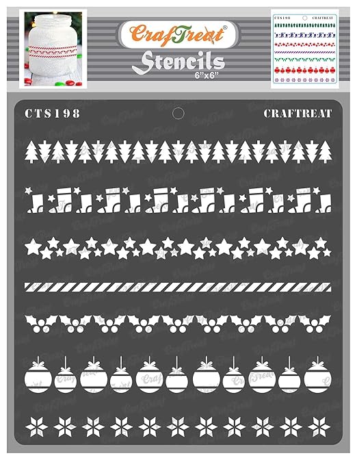 Border Stencils for Painting on Canvas - Christmas Borders - Size: 6X6 Inches - Border Stencil for Fabric Painting - Merry Christmas Stencils for Craft and Art for Adults