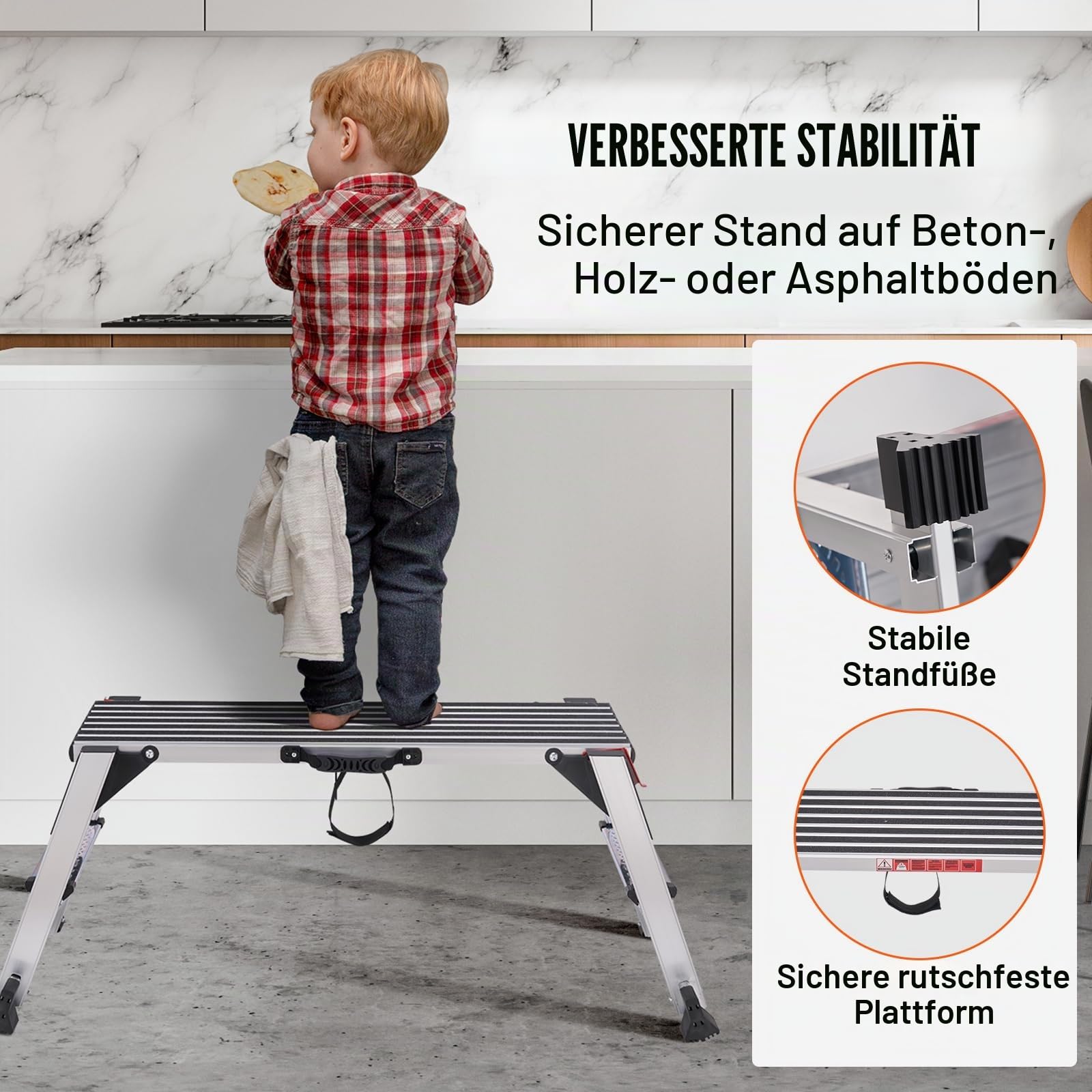 VEVOR Alu Arbeitsplattform Klappwerkbank 100x30x48,7cm Arbeitsbühne 200kg Tragfähigkeit Trittbank mit Sicherheitsschlössern Trittleiter für Zuhause Büro Werkstatt & Garage Silber