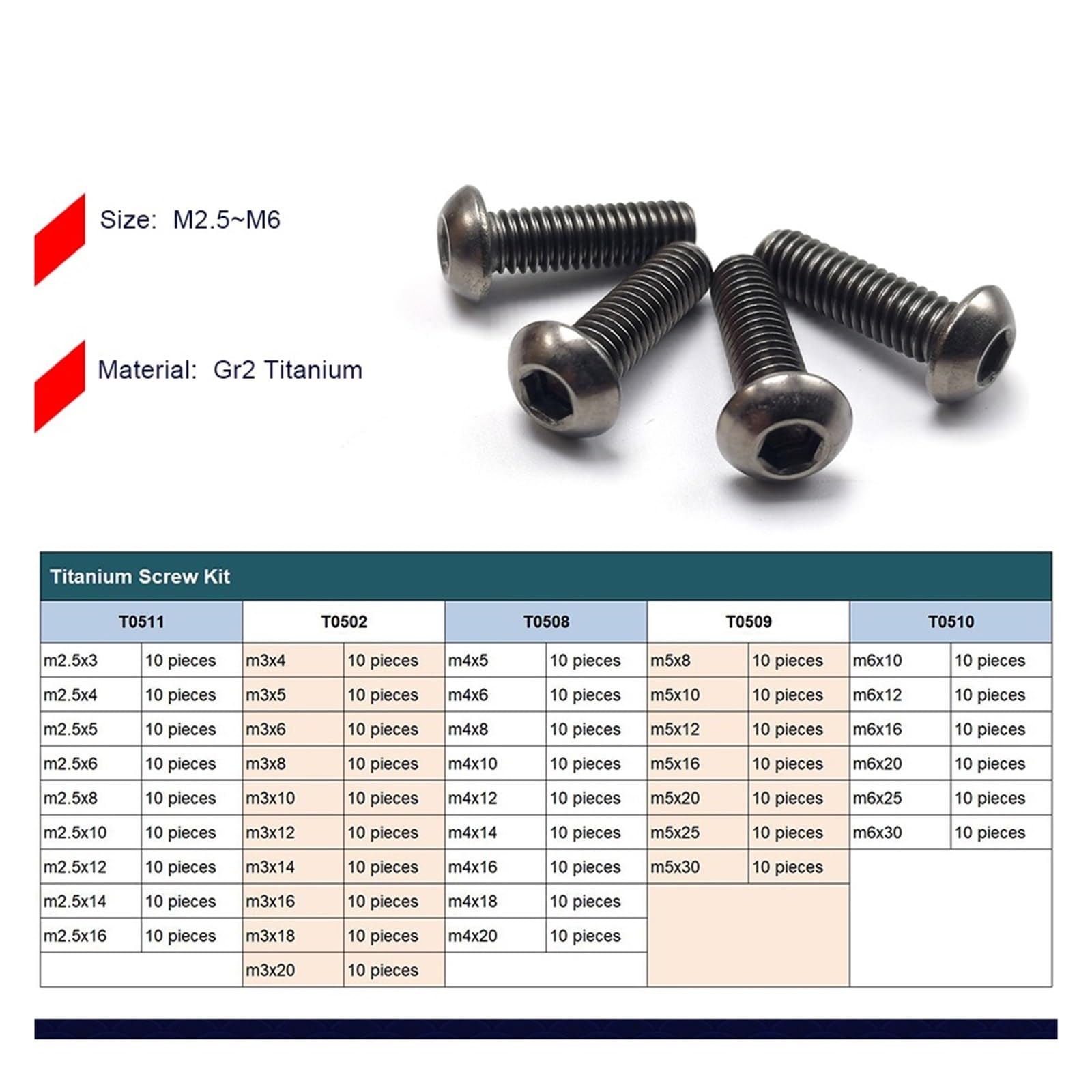 M2,5 M3 M4 M5 M6 Titanschraubensatz, Titan-Innensechskantschraube mit Linsenkopf, E018(M6 kit -T0510)