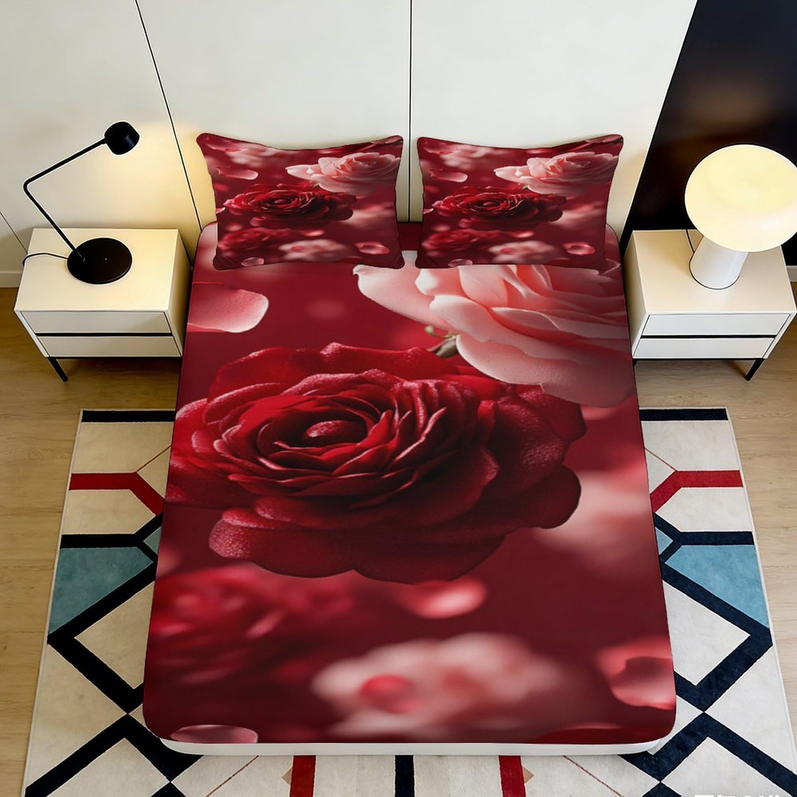 3D Printed Red Rose Fitted Sheet Microfiber Soft Floral Bedroom Decor Petal Mattress Cover for Adult Youth 90x200x25cm