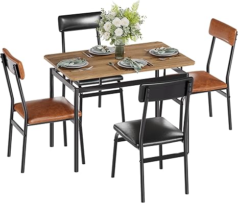 Garvee Dining Table Set for 4, 5 Piece Wooden Dining Table and Chairs, 4 PU Upholstered Chair, Modern Metal Frame Dinette Set for Dining Room, Home Dinner, Party, Apartment, Brown + Black