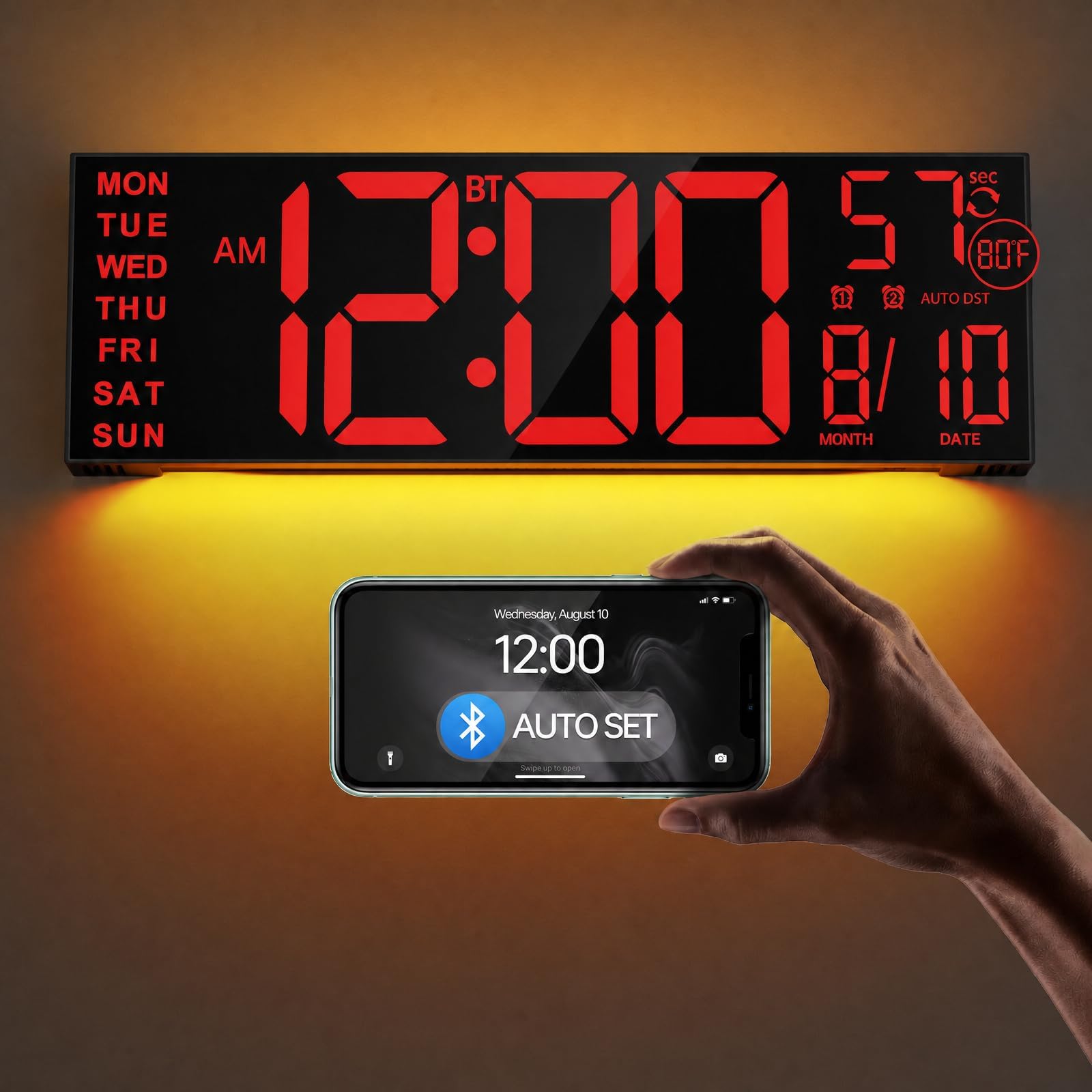 JALL 16.2" Large Digital Wall Clock with RGB Lights, Digital Clock with BT Sync, Clocks for Living Room, Wall Clock with Auto DST, Temperature for Classroom (Red)