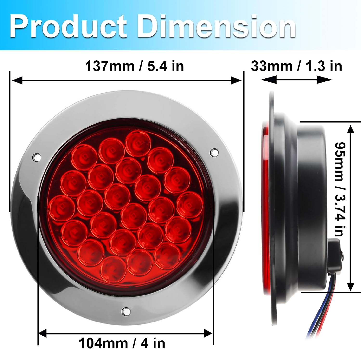 LIGBT 4Pcs 4 Inch Round Red LED Stop Turn Tail Lights 24 LED 4" Trailer Tail Brake Backup Reverse Lights with Stainless Steel Chrome Bezels for Truck Trailer RV Boat