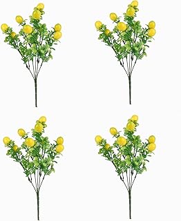 HANTURE 4 PCS Artificial Lemon Plants Branches 14Inch Faux Yellow Lemon Branch Stems with Green Leaves Simulation Fruit Fake Lemon Tree Picks Props for Home Weddng Party Decor
