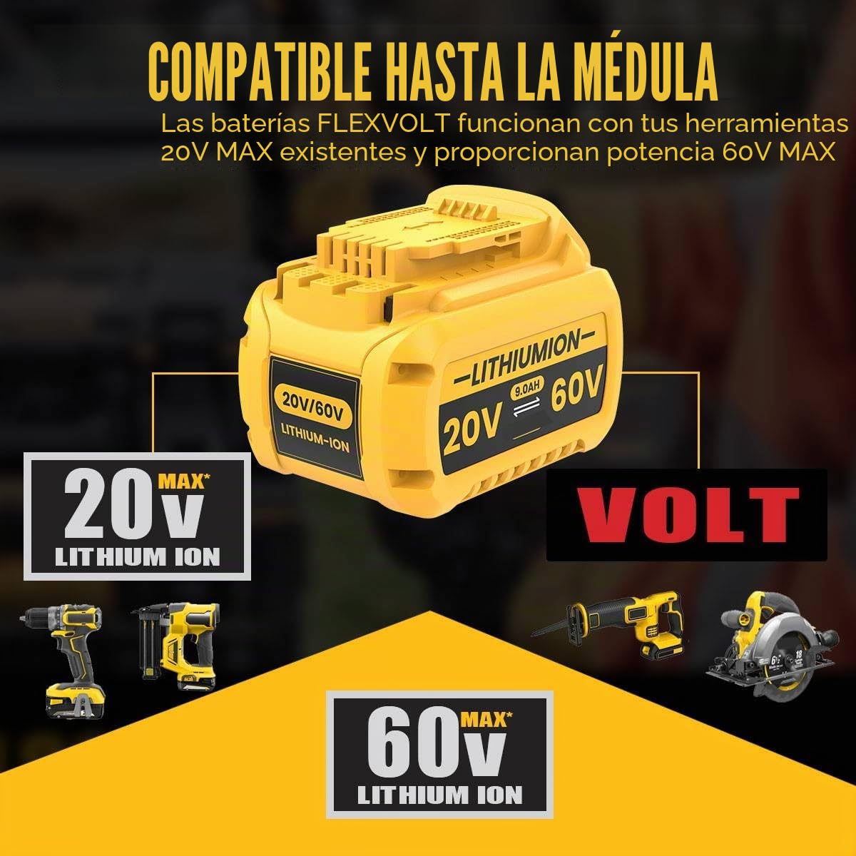 2 baterías FlexVolt XR de 20 V/60 V 9,0 Ah para Dewalt DCB609 DCB606 DCB612 DCB184 DCB546 DCB200 DCB201 DCB182 compatible con herramientas eléctricas inalámbricas de 18 V, batería de iones de litio de