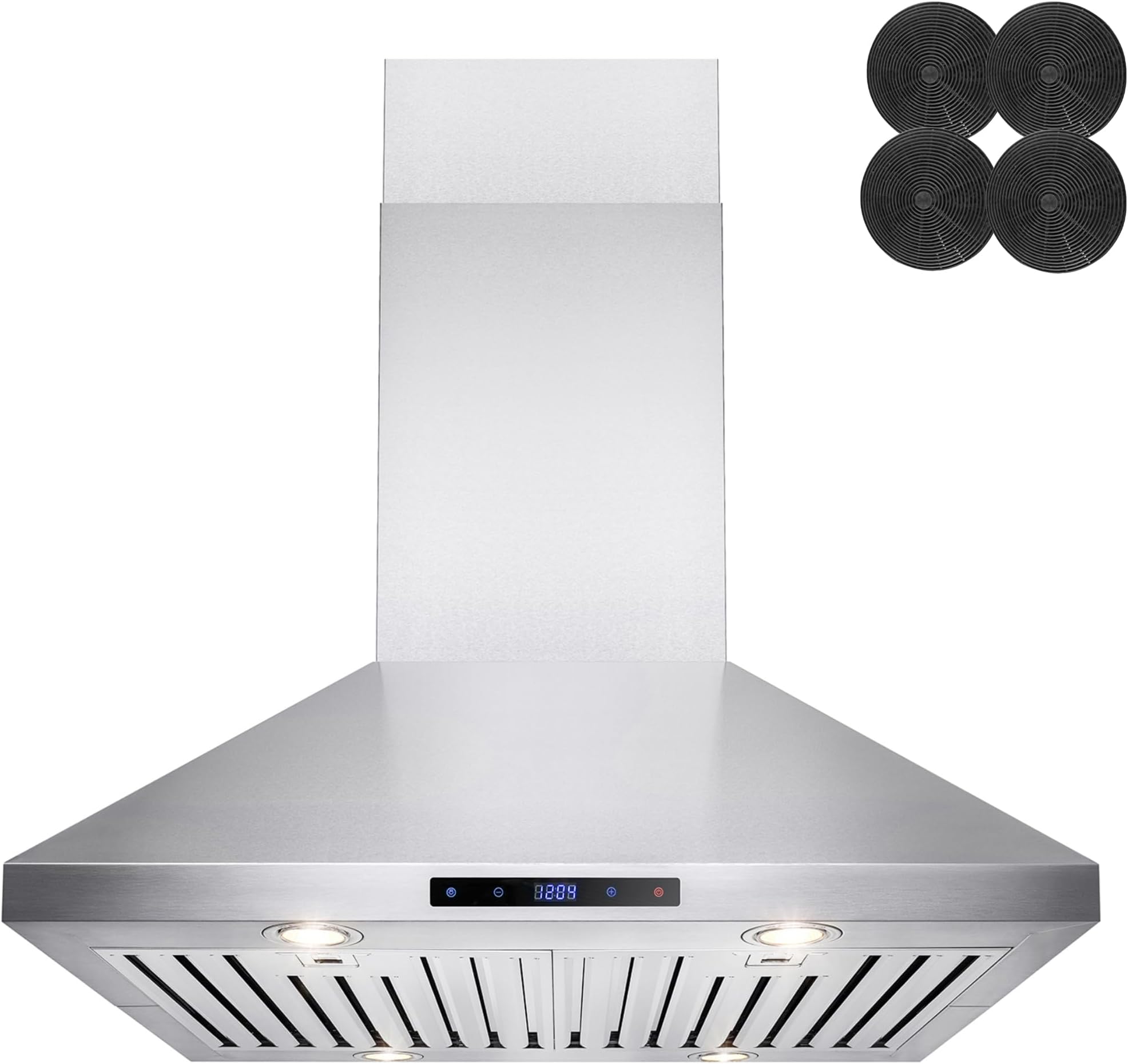 AKDY 30 in. Island Mount Range Hood, 4-Speed Fan and LED Lights in Stainless Steel, Convertible Range Hood Ducted to Ductless with 2-Sets of Carbon Filters