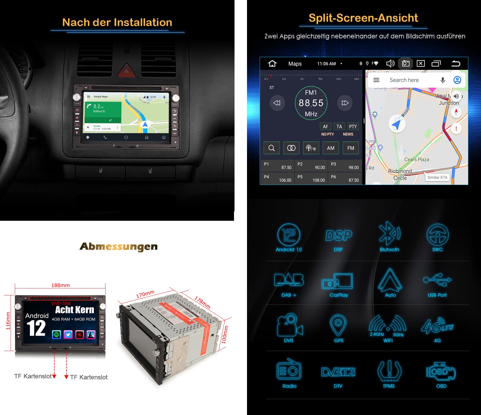Erisin 7 pollici 8-Core 4GB+64GB Android 13 Autoradio Bluetooth GPS Navigatore per VW Passat Golf 4 Sharan Polo Lupo T5 Skoda Octavia Seat Ibiza 6L CarPlay Android Auto WiFi DSP DAB+CD USB OBD2 FM RDS
