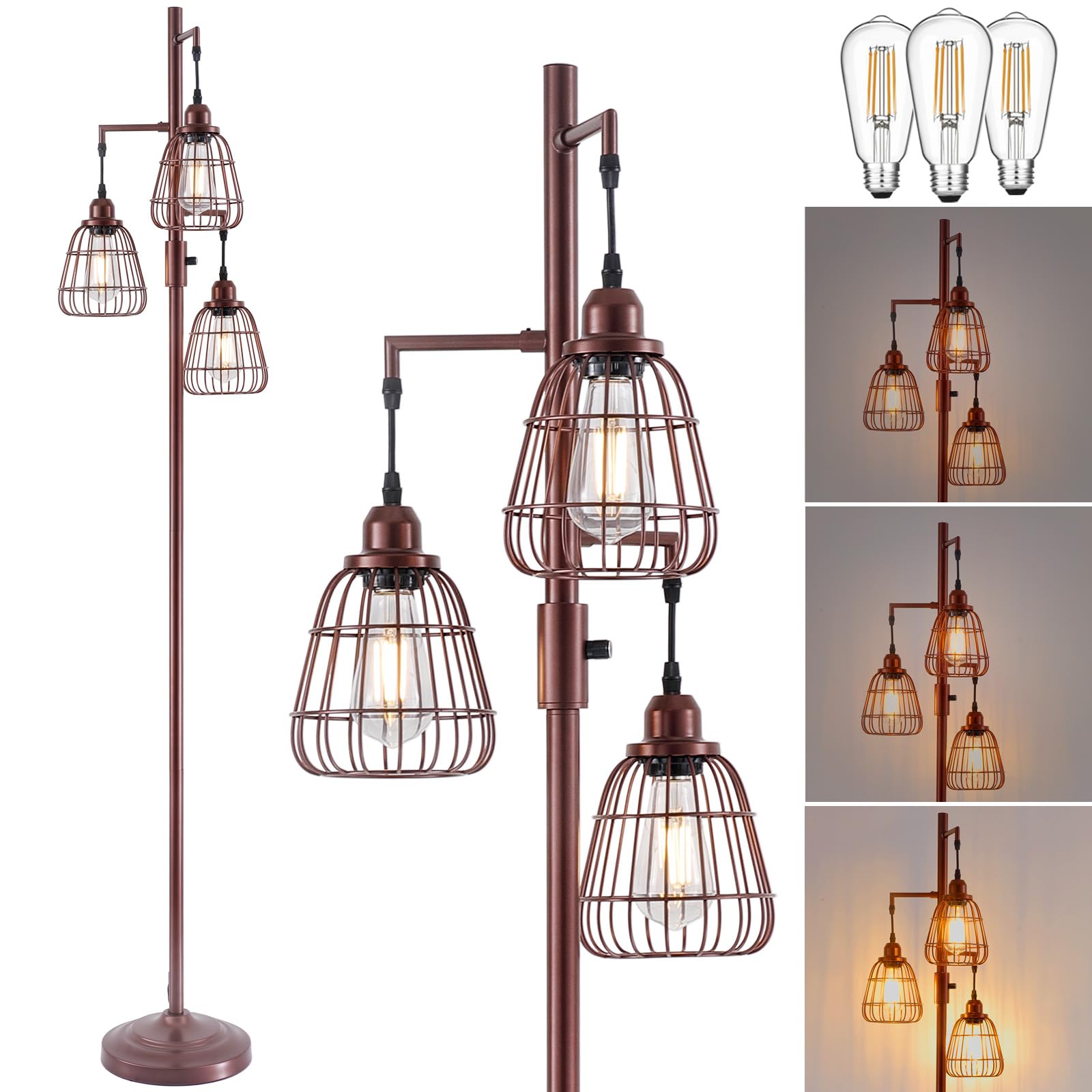 9MMML Dimmable Floor Lamp,Industrial Farmhouse Tall Standing Floor Lamp for Living Room, Bedroom Office,3 Teardrop Cage Lampshade,3 LED Bulbs Inculded