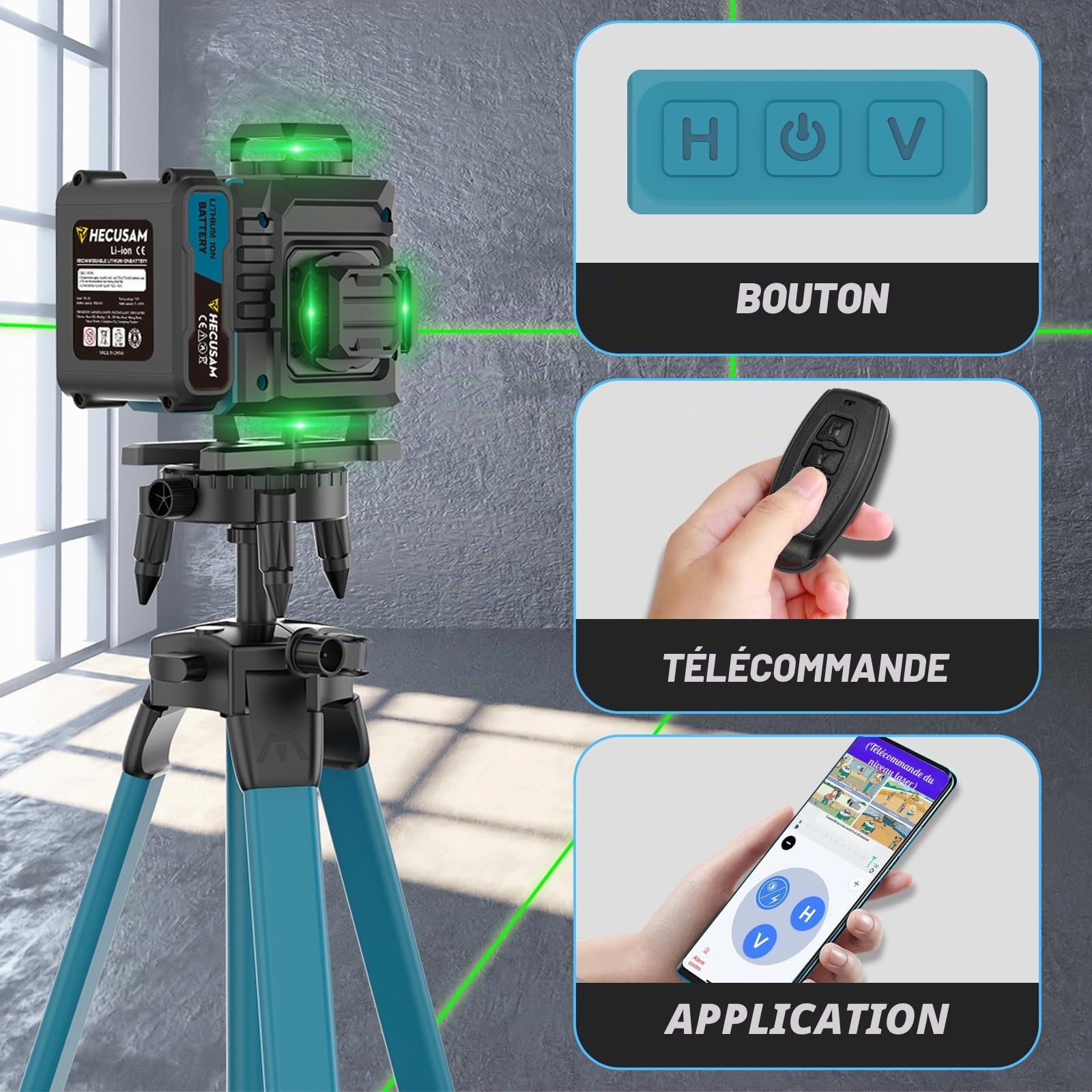 Niveau Laser Avec Trepied, Niveau Laser Chantier Autonivelant 4×360°, Laser à Lignes Continues Avec FenêTre De Rotation à 360°, Batterie 2×4800 mAh, Indice IP54 Pour Bâtiment, Carrelage