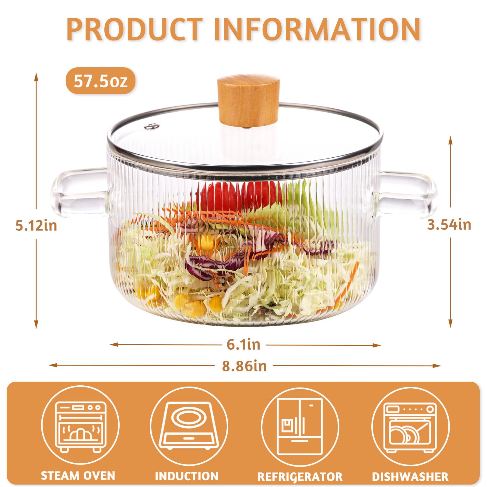 1.6L Borosilicate Glass Cooking Pot With Lid & Wooden Handle - Heat Resistant, Ribbed Design, Stovetop Safe
