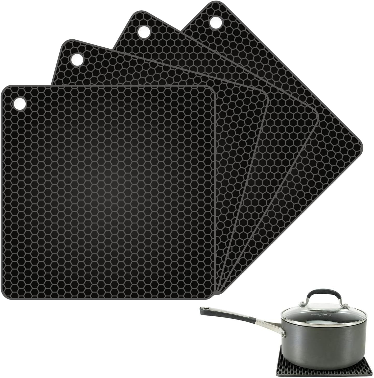 Silicone Trivet Set of 4 – Heat-Resistant Trivets for Hot Pots and Pans – Multipurpose Silicone Trivet Mat, Drying Rack, Jar Opener – Thick Non-Slip Silicone Mats for Kitchen Counter – Black