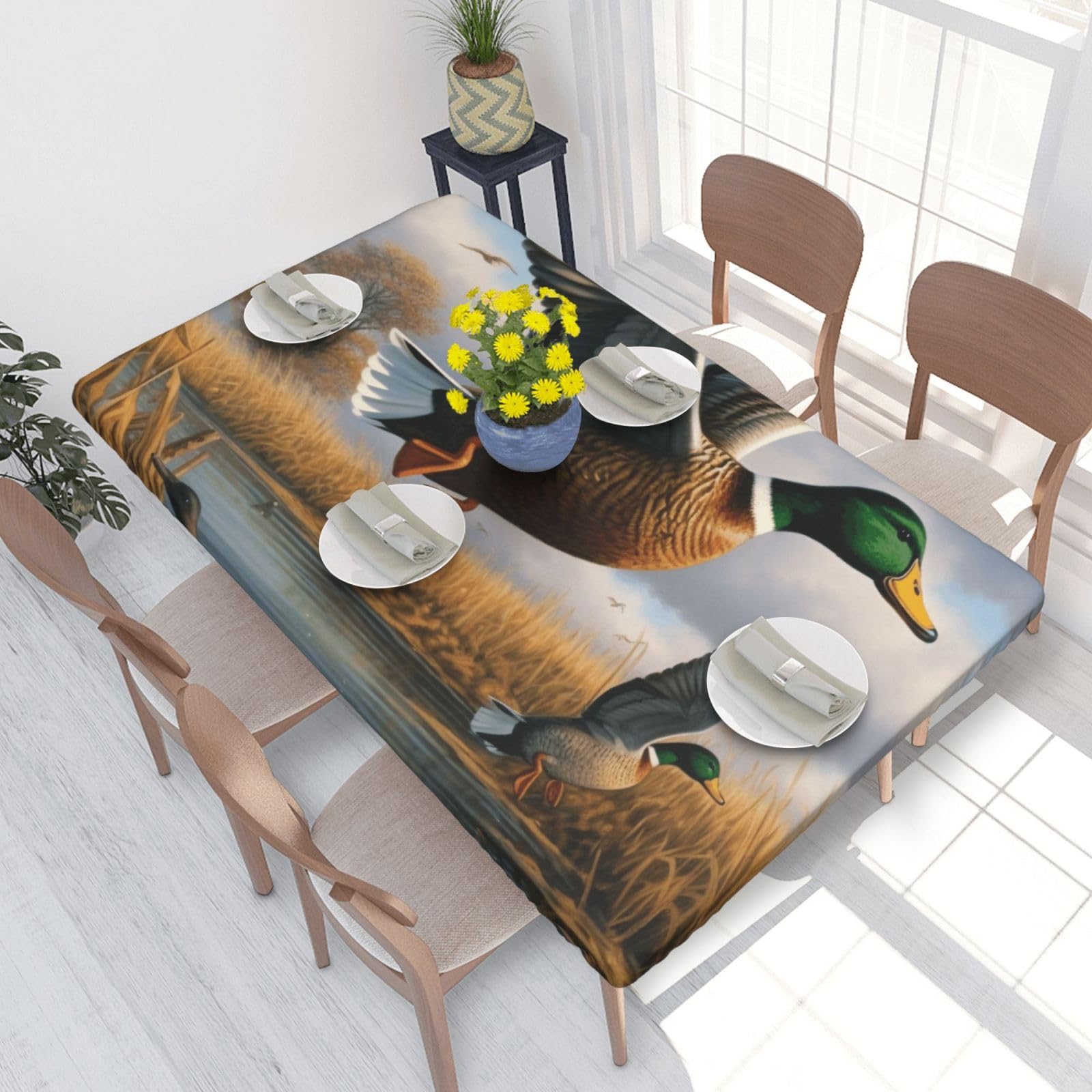 DCARSETCV Hunting Flying Wild Ducks by the lake Printed 4FT Waterproof Tablecloth with Elastic Edged Protect & Decor Your Table, Oil-proof Washable Table Cloth Cover for Dinner Picnic Party