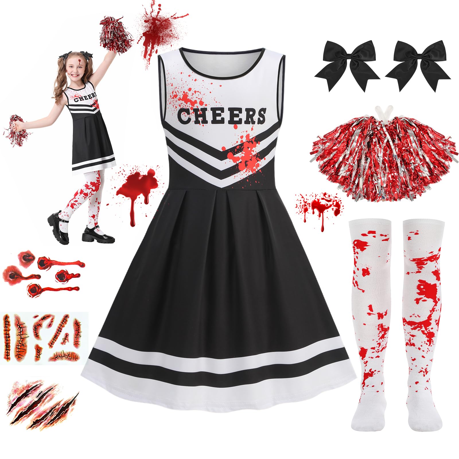 Mystery Code Vestito Halloween Bambina, Costume Zombie Cheerleader per Ragazza con Pom Poms, Calze, Tatuaggi e Capelli, Strega Costumi Halloween Diavolo Bambina Feste e Cosplay per 7-12 Anni Bambini