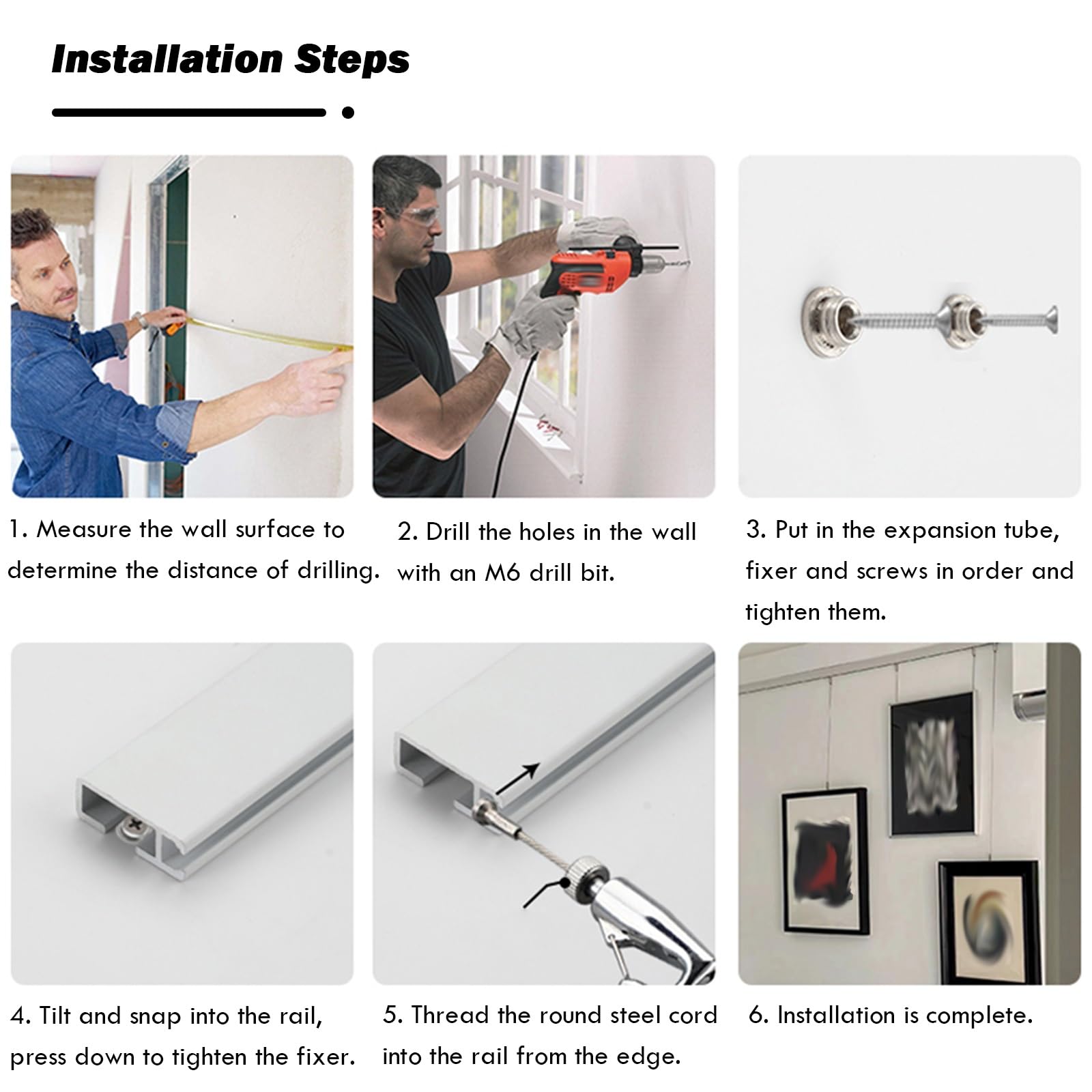Kit d'accrochage pour Tableaux - Rail sans Clous, Crochets et Supports muraux pour Cadres, idéal pour galeries, Tableaux, Studios et expositions Photo - Comprend Un Rail de 0,6 m et Un câble