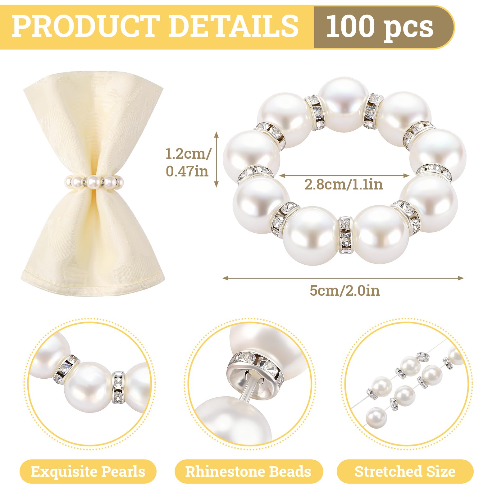 Suream Lot de 100 ronds de serviette en perles avec strass argentés - Décoration de table pour fête d'anniversaire, table de banquet et usage quotidien (blanc et argenté)