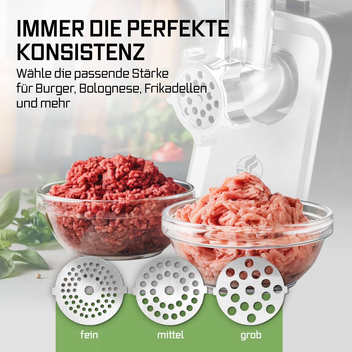 KOCHWERK elektrischer Fleischwolf mit verschiedenen Aufsätzen | verarbeitet bis zu 2000g/min | Hackfleisch, Kibbeh, Churros, Wurst & mehr auf Knopfdruck | leichte Bedienung und Reinigung [1600W]